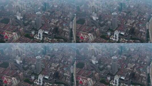 雾霾天的上海外滩中心航拍高清在线视频素材下载