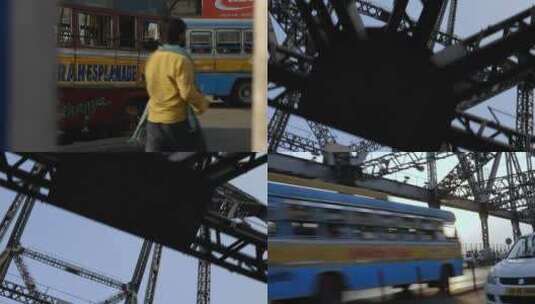 印度加尔各答市公车通过豪拉桥人文日常高清在线视频素材下载