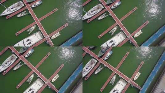 旋转航拍停泊在码头的船高清在线视频素材下载