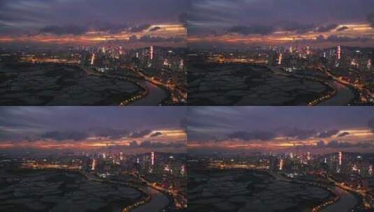 香港湿地公园看深圳福田夜景福田日落左横移高清在线视频素材下载