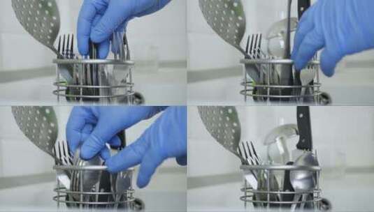 洗好的餐具放入支架中高清在线视频素材下载