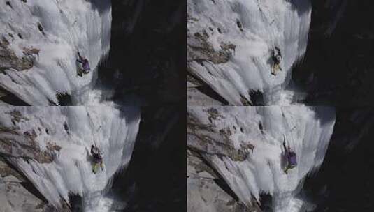 四姑娘山双桥沟冰瀑上的户外运动攀冰爱好者高清在线视频素材下载