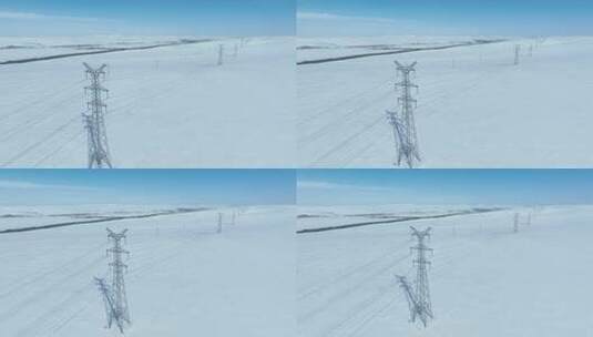 内蒙古呼伦贝尔雪原电力传输自然风光航拍高清在线视频素材下载