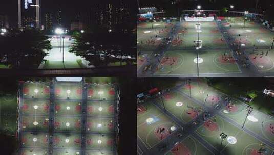 佛山禅城岭南明珠篮球场夜间打球球场航拍高清在线视频素材下载