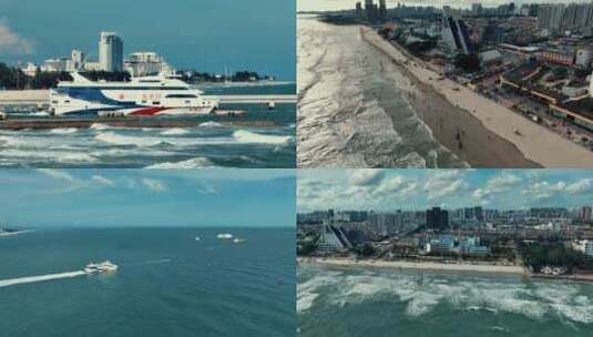 北海侨港海滩和国际客运港航船海景多镜头高清在线视频素材下载
