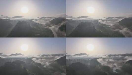 湘西石家寨大桥清晨平流雾航拍高清在线视频素材下载