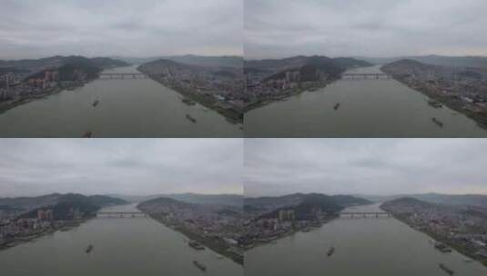 广东肇庆西江清晨繁忙的船只航拍高清在线视频素材下载