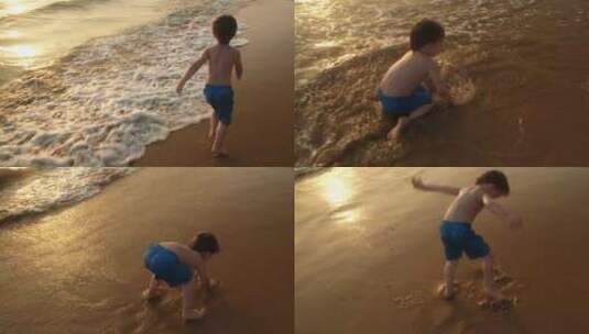 孩子沿着海岸奔跑高清在线视频素材下载