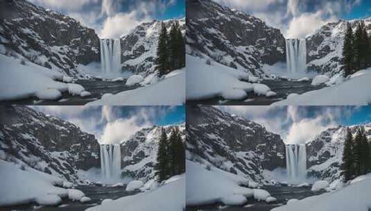 冬季雪山瀑布自然景观高清在线视频素材下载