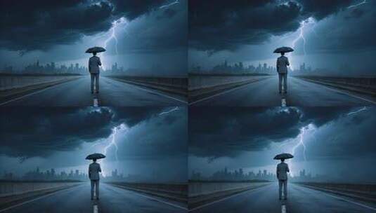雨天男人背影撑伞行走孤独意境画面高清在线视频素材下载