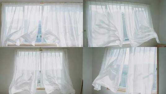 飘动的白色窗帘透过窗户高清在线视频素材下载