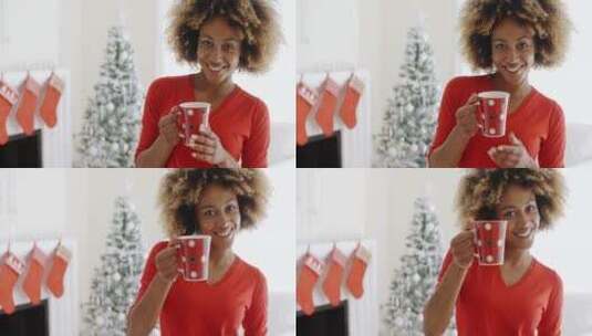 圣诞树旁和咖啡的女孩高清在线视频素材下载