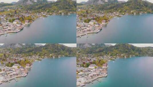 阿尔卑斯山下的山村和湖泊风景鸟瞰图高清在线视频素材下载