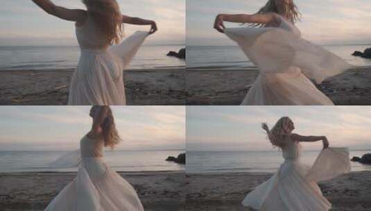 女孩穿着裙子在海滩上跳舞高清在线视频素材下载