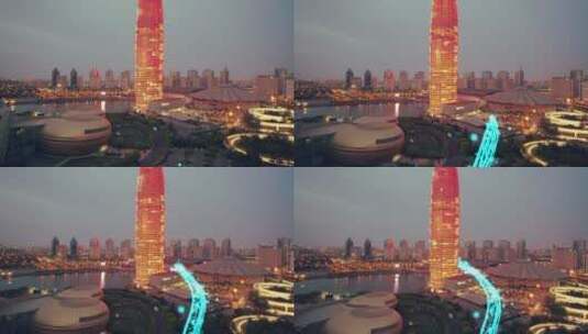 4k航拍河南郑州玉米楼科技光线效果高清在线视频素材下载