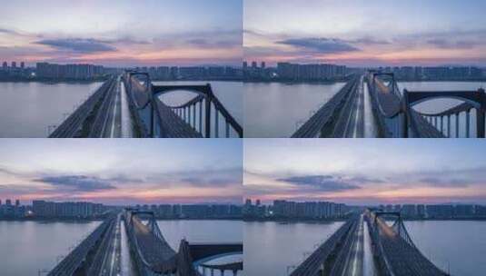 延时航拍傍晚杭州钱塘江钱江二桥和天空晚霞高清在线视频素材下载
