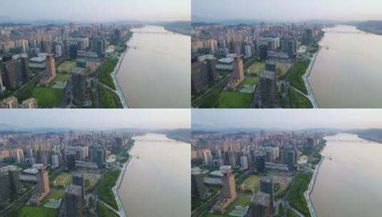杭州滨江城区现代城市风光夕阳下鸟瞰高清在线视频素材下载