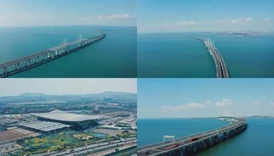 航拍跨海大桥青岛北站高清在线视频素材下载