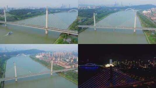 总部基地五象大桥南宁大桥航拍夜景邕江高清在线视频素材下载