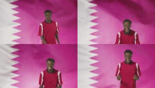 足球运动员在卡塔尔国旗前庆祝高清在线视频素材下载
