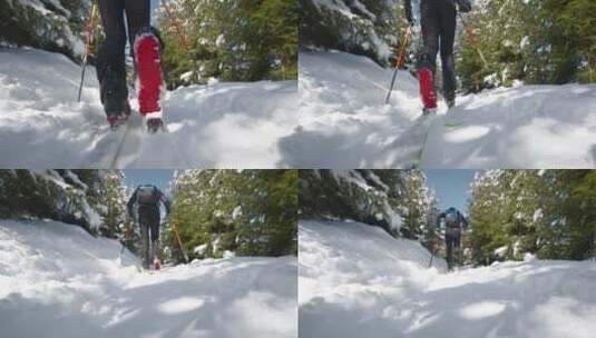 双板滑雪走路上山特写高清在线视频素材下载
