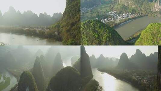 广西桂林山水/小镇风景/山水风光航拍高清在线视频素材下载
