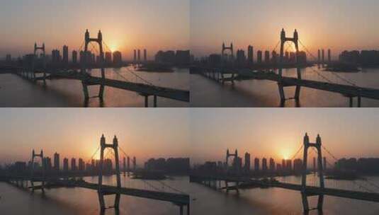 长沙三汊叽大桥清晨日出唯美逆光航拍高清在线视频素材下载