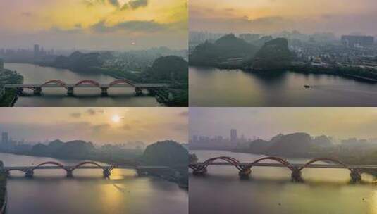 4K延时航拍柳州文惠桥日出晨光高清在线视频素材下载