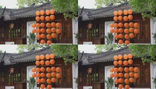 传统中式建筑园林橘黄色灯笼高清在线视频素材下载
