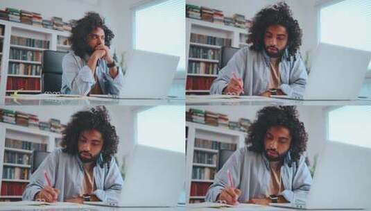紧张的阿拉伯人学生思考然后写下自我教育的想法高清在线视频素材下载