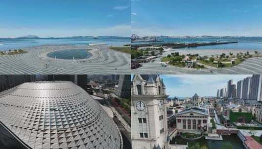 航拍大连东港音乐喷泉广场国际会议中心大海高清在线视频素材下载