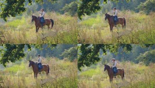 森林草坪上骑马的牛仔高清在线视频素材下载
