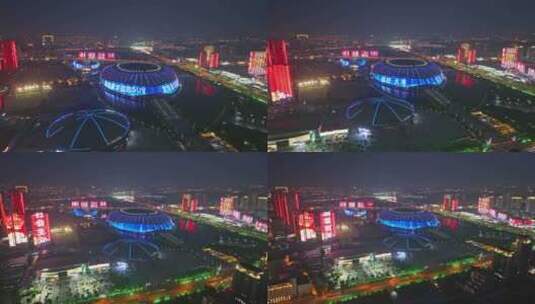 航拍天津奥林匹克中心体育场夜景灯光秀高清在线视频素材下载