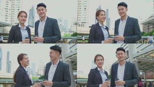 亚洲年轻夫妇办公室商务男女自信地站在城市户外。高清在线视频素材下载