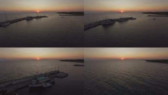 带码头的空中海景。日落时的景色高清在线视频素材下载