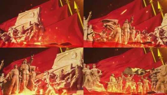人民英雄雕塑红旗飘扬舞台背景高清在线视频素材下载