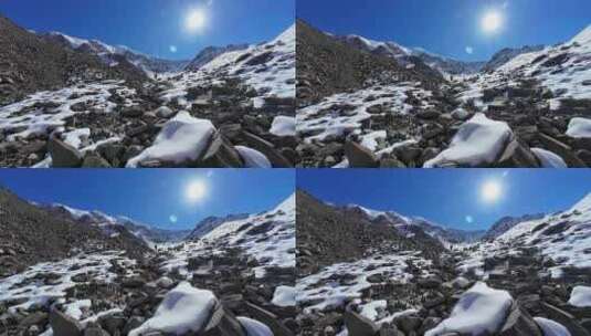 攀登横断山脉勒多曼因雪山的登山者徒步进山高清在线视频素材下载