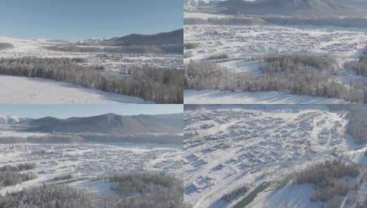 无人机航拍冬日新疆禾木雪景村庄高清在线视频素材下载