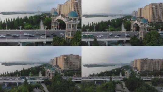 遂宁过江大桥摩天轮车流河岛高清在线视频素材下载