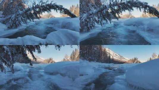 阿勒泰禾木冬季冰雪河流瀑布航拍风景高清在线视频素材下载
