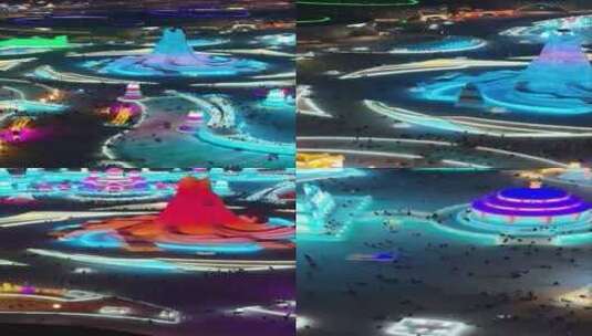 高清竖屏航拍哈尔滨冰雪大世界冰雕艺术高清在线视频素材下载