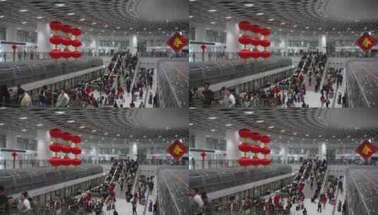 深圳岗厦北地铁站春节红灯笼环境和人流高清在线视频素材下载