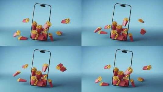 蓝色手机周围包装盒中薯条的3d动画高清在线视频素材下载