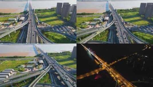 杭州钱塘江九堡大桥车流航拍风景视频素材高清在线视频素材下载