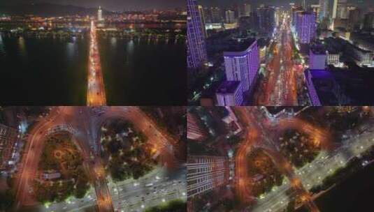 长沙夜景橘子洲大桥湘江中路车流交通航拍立高清在线视频素材下载