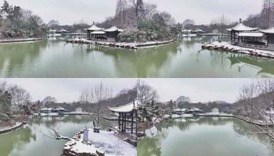 航拍瘦西湖景区园林大明寺观音山宋夹城雪景高清在线视频素材下载