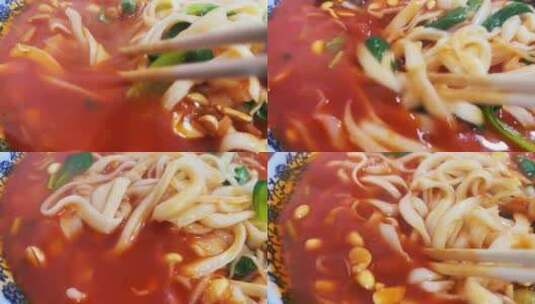 番茄西红柿鸡蛋面茄汁面筷子搅拌慢动作2高清在线视频素材下载