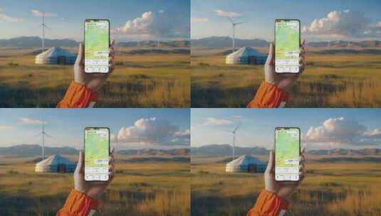内蒙古草原风力发电手机测风速高清在线视频素材下载
