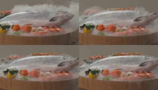 干冰吹过躺在室内碎冰碗上的鱼高清在线视频素材下载