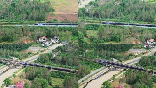 乡村振兴田野与运输铁路火车轨道航拍高清在线视频素材下载